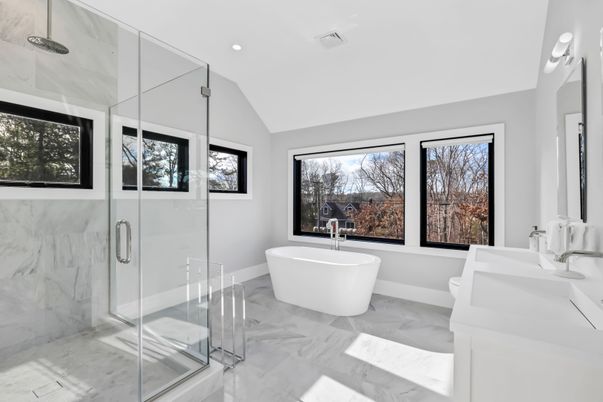 Bathroom, Dual Sink Vanities, Free Standing Baths, Glass Shower, Interior, Marble, Marble Walls, Recessed Lighting