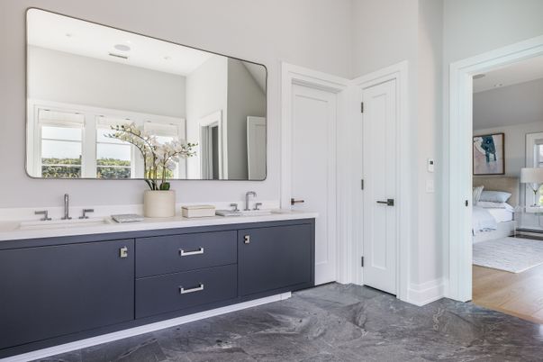 Bathroom, Bedroom, Dual Sink Vanities, Interior, Recessed Lighting, Wood Texture Flooring