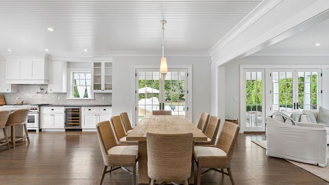 Dining room, Interior, Kitchen, Pendant Lights, Recessed Lighting, Wood Texture Flooring