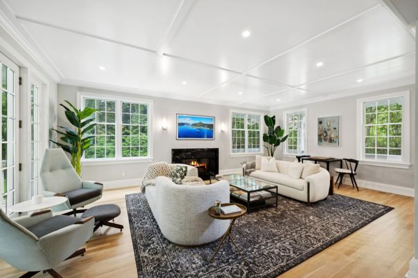 Dining room, Fireplace, Interior, Living room, Recessed Lighting, Wood Texture Flooring