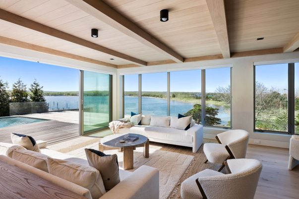 Interior, Living room, Recessed Lighting, Water, Wooden Beams, Wooden Ceilings, Wood Texture Flooring