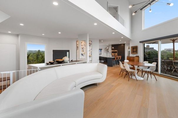 Dining room, Interior, Living room, Pendant Lights, Recessed Lighting, Wood Texture Flooring