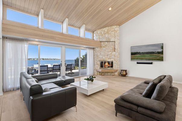 Fireplace, Interior, Living room, Recessed Lighting, Water, Wooden Ceilings, Wood Texture Flooring