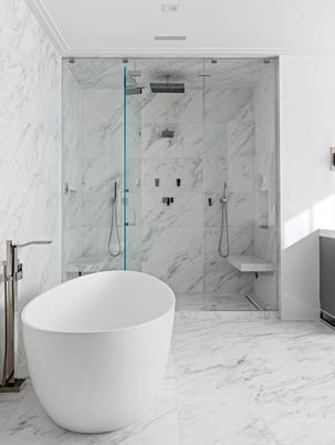 Bathroom, Free Standing Baths, Glass Shower, Interior, Marble, Marble Walls
