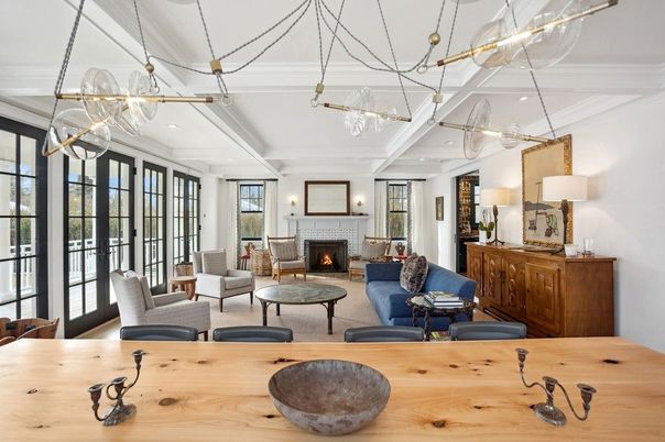 Fireplace, Interior, Living room, Pendant Lights, Wood Texture Flooring