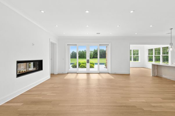Empty room, Fireplace, Interior, Pendant Lights, Recessed Lighting, Wood Texture Flooring