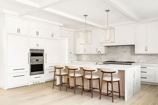 Interior, Kitchen, Marble Walls, Pendant Lights, Recessed Lighting, Stainless Steel Appliances, Wood Texture Flooring