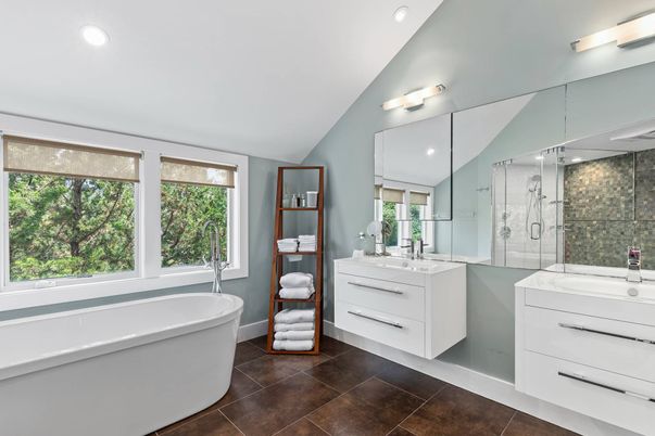 Bathroom, Dual Sink Vanities, Free Standing Baths, Glass Shower, Interior, Recessed Lighting