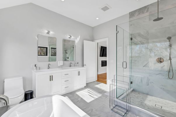 Bathroom, Dual Sink Vanities, Glass Shower, Interior, Marble Walls, Recessed Lighting