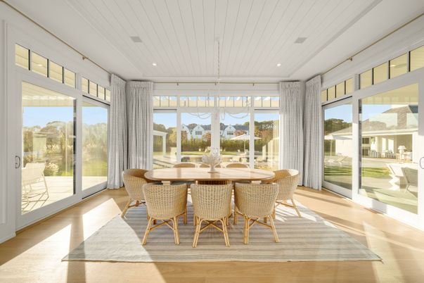 Dining room, Interior, Recessed Lighting, Sun Room, Wood Texture Flooring