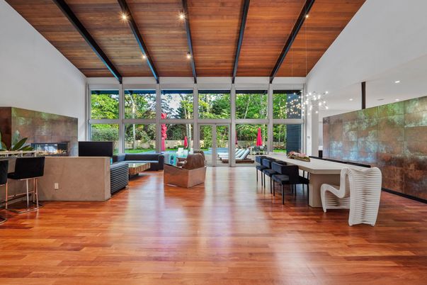 Dining room, Fireplace, Interior, Living room, Pendant Lights, Recessed Lighting, Wooden Ceilings, Wood Texture Flooring
