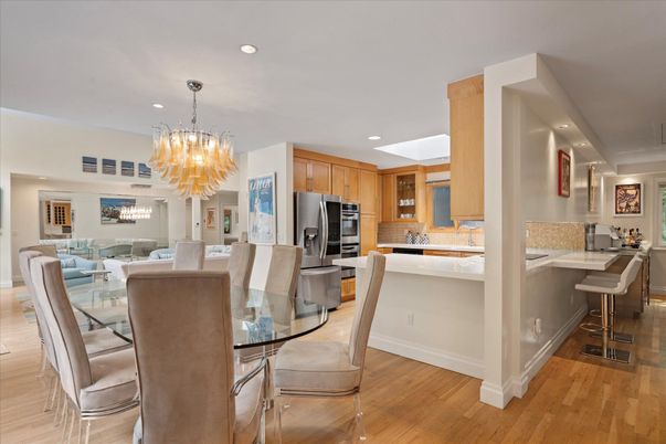 Chandelier, Dining room, Interior, Kitchen, Recessed Lighting, Wood Texture Flooring