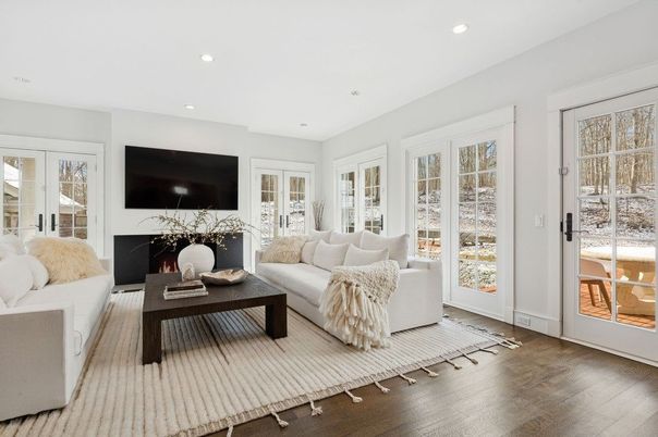 Fireplace, Interior, Living room, Recessed Lighting, Wood Texture Flooring