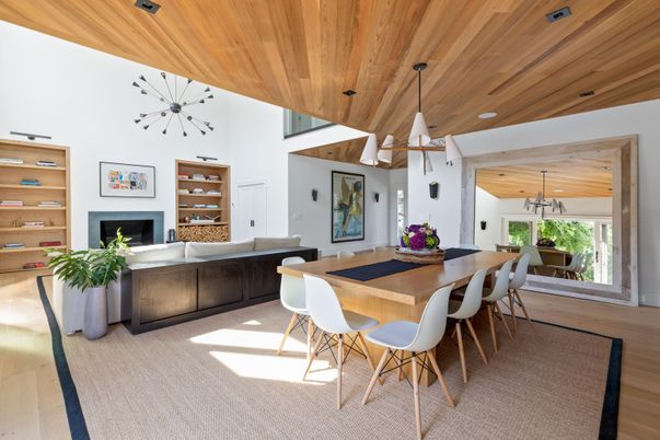 Dining room, Fireplace, Interior, Living room, Pendant Lights, Wooden Ceilings, Wood Texture Flooring, Wooden Walls