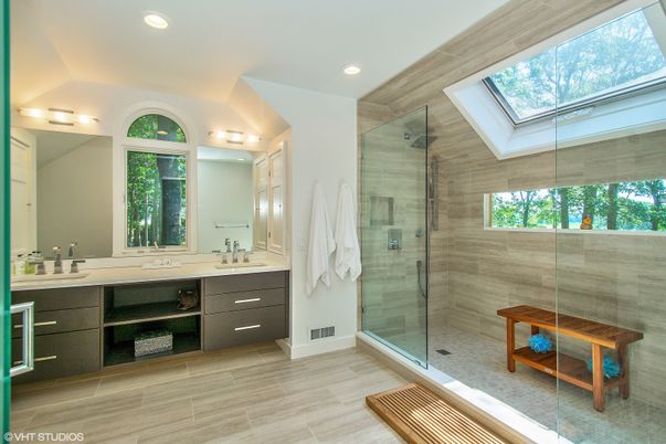 Bathroom, Dual Sink Vanities, Glass Shower, Interior, Recessed Lighting, Wood Texture Flooring