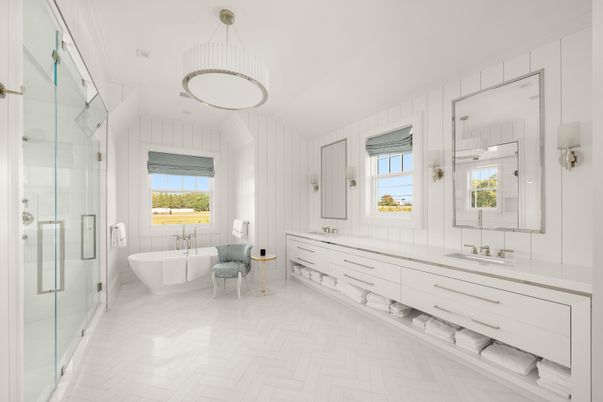 Bathroom, Dual Sink Vanities, Free Standing Baths, Glass Shower, Interior, Marble, Pendant Lights