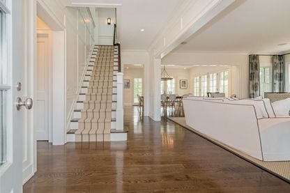 Dining room, Interior, Living room, Pendant Lights, Recessed Lighting, Wood Texture Flooring