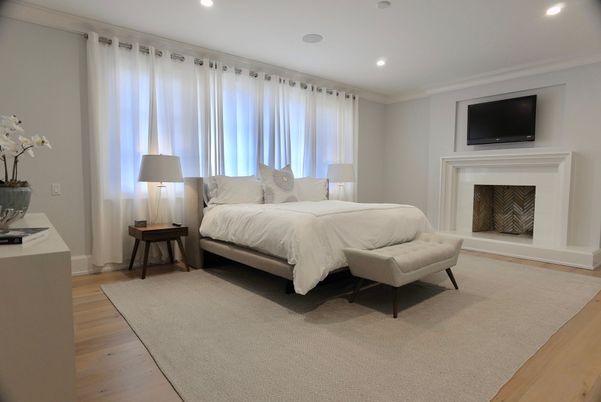 Bedroom, Fireplace, Interior, Recessed Lighting, Wood Texture Flooring