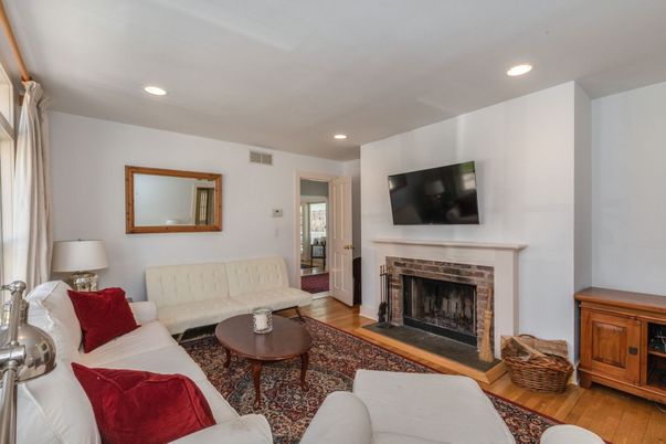 Fireplace, Interior, Living room, Recessed Lighting, Wood Texture Flooring