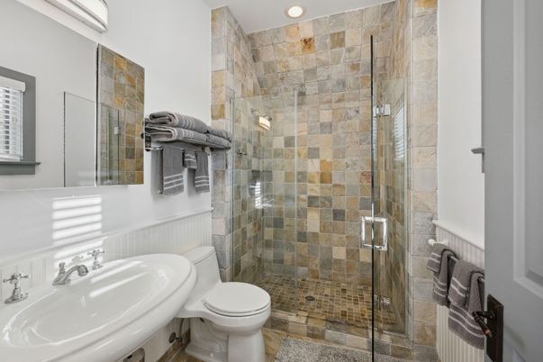 Bathroom, Glass Shower, Interior, Recessed Lighting, Stone Walls