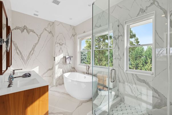 Bathroom, Free Standing Baths, Glass Shower, Interior, Marble, Marble Walls, Recessed Lighting