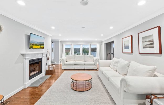 Fireplace, Interior, Living room, Recessed Lighting, Wood Texture Flooring