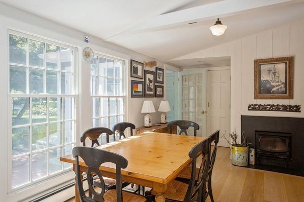 Dining room, Fireplace, Interior, Wood Texture Flooring