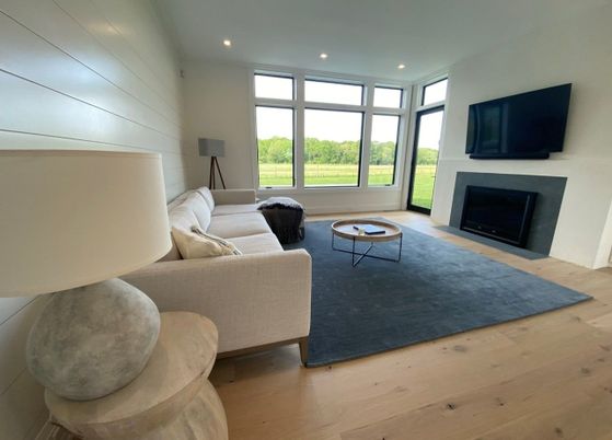 Fireplace, Interior, Living room, Recessed Lighting, Wood Texture Flooring