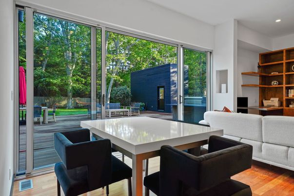 Dining room, Interior, Living room, Recessed Lighting, Wood Texture Flooring
