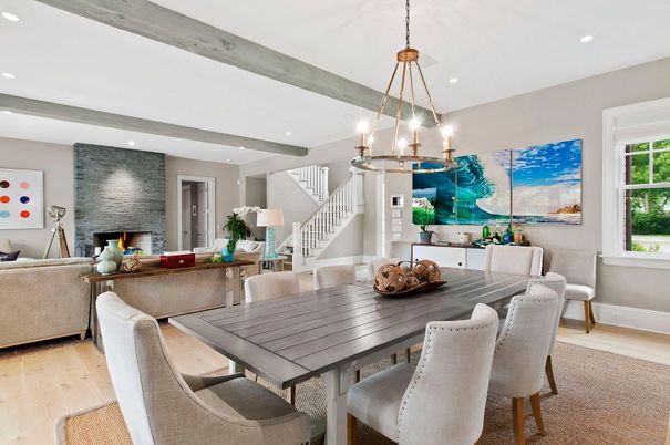 Dining room, Fireplace, Interior, Living room, Pendant Lights, Recessed Lighting, Stone Walls, Wooden Beams, Wood Texture Flooring