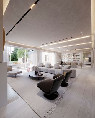 Interior, Living room, Pendant Lights, Recessed Lighting, Wood Texture Flooring