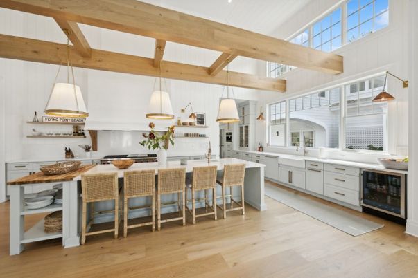 Interior, Kitchen, Pendant Lights, Recessed Lighting, Wooden Beams, Wood Texture Flooring