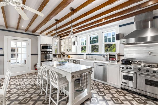 Interior, Kitchen, Pendant Lights, Recessed Lighting, Stainless Steel Appliances, Wooden Beams