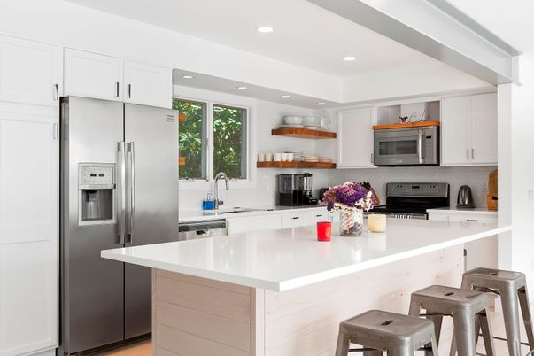 Interior, Kitchen, Recessed Lighting, Stainless Steel Appliances, Wood Texture Flooring