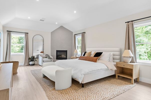 Bedroom, Fireplace, Interior, Recessed Lighting, Wood Texture Flooring