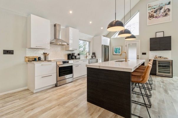 Interior, Kitchen, Pendant Lights, Recessed Lighting, Stainless Steel Appliances, Wood Texture Flooring