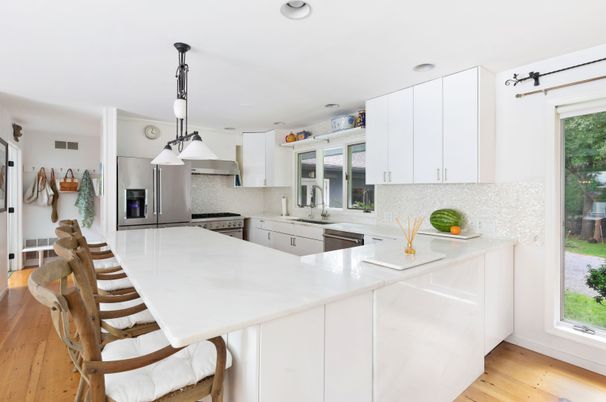 Interior, Kitchen, Pendant Lights, Recessed Lighting, Stainless Steel Appliances, Wood Texture Flooring
