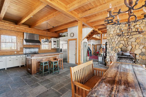 Fireplace, Interior, Kitchen, Pendant Lights, Stone Walls, Wooden Beams, Wooden Ceilings, Wooden Walls