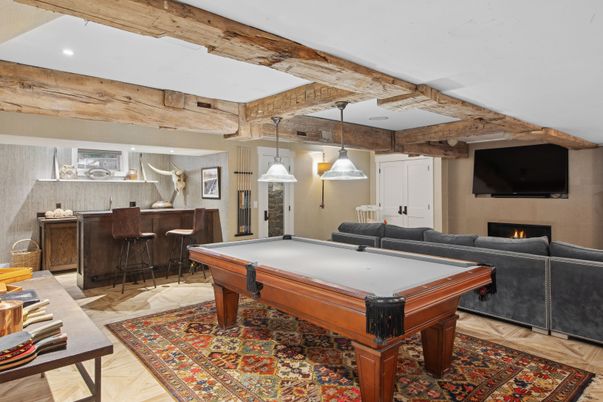 Billiard Table, Fireplace, Game Room, Interior, Pendant Lights, Recessed Lighting, Wood Texture Flooring