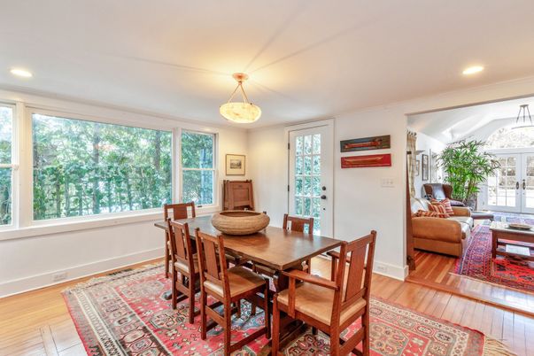 Dining room, Interior, Living room, Recessed Lighting, Wood Texture Flooring