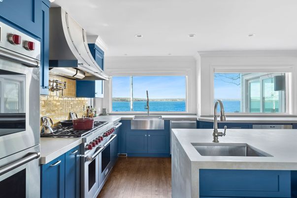 Interior, Kitchen, Recessed Lighting, Stainless Steel Appliances, Water, Wood Texture Flooring