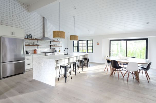 Dining room, Interior, Kitchen, Pendant Lights, Stainless Steel Appliances, Stone Walls, Wood Texture Flooring