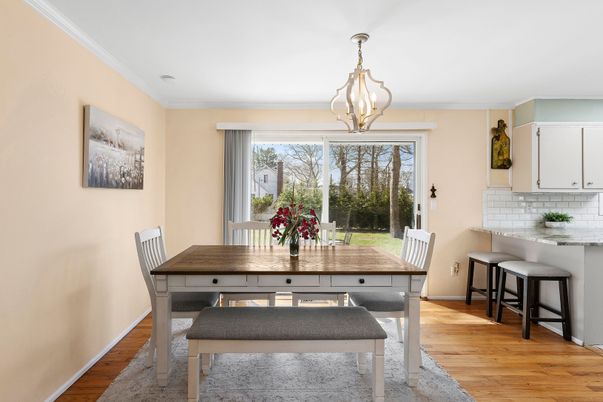 Dining room, Interior, Pendant Lights, Wood Texture Flooring