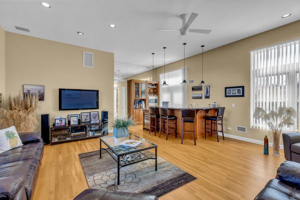 Interior, Kitchen, Living room, Pendant Lights, Recessed Lighting, Wood Texture Flooring