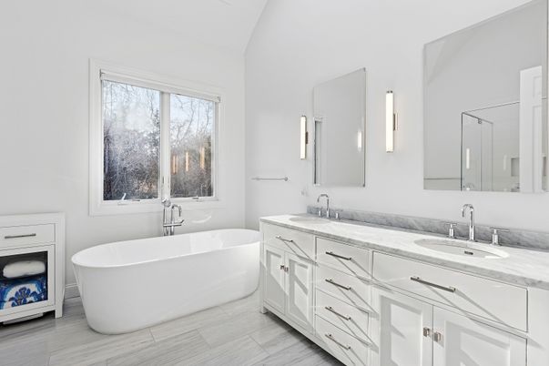 Bathroom, Dual Sink Vanities, Free Standing Baths, Interior, Wood Texture Flooring