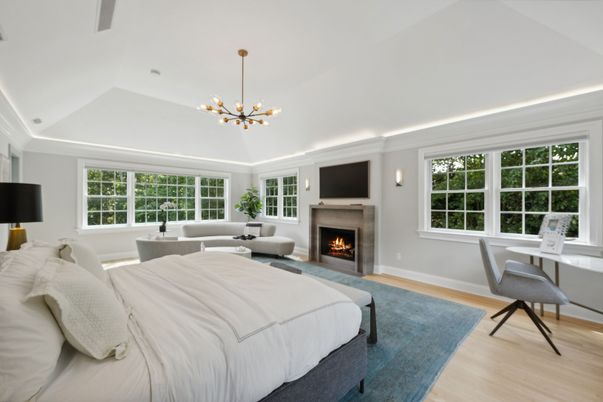 Bedroom, Fireplace, Interior, Pendant Lights, Wood Texture Flooring