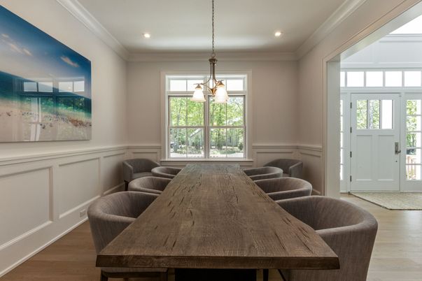 Dining room, Interior, Pendant Lights, Recessed Lighting, Wood Texture Flooring