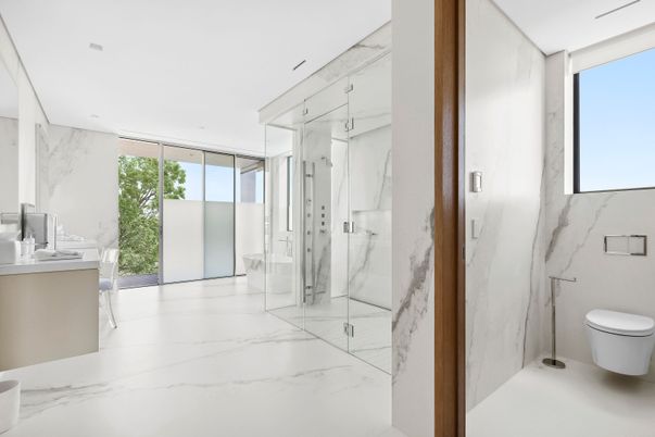 Bathroom, Glass Shower, Interior, Marble, Marble Walls, Recessed Lighting
