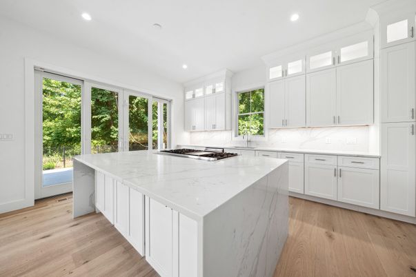 Interior, Kitchen, Marble Walls, Recessed Lighting, Wood Texture Flooring