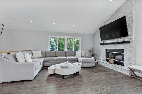 Fireplace, Interior, Living room, Recessed Lighting, Wood Texture Flooring